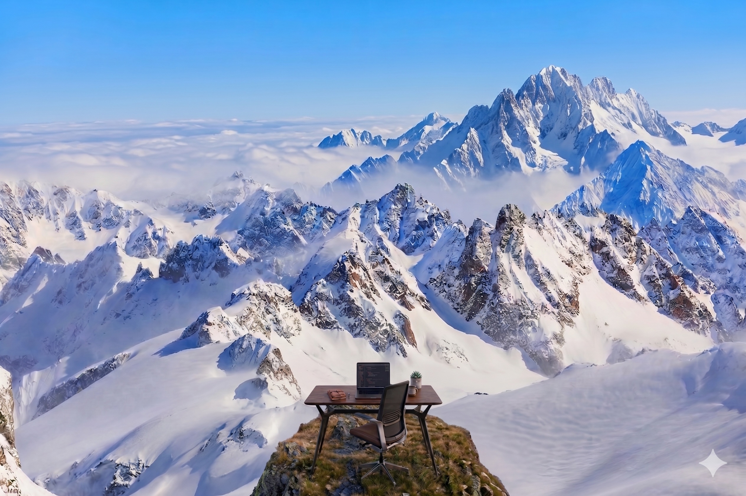 A desk on a mountain peak — your office, open to nature